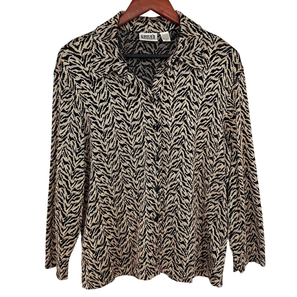 Chicos Sz 1 Medium Super Stretchy Long Sleeve Gold Black Blouse Shirt Top Mature